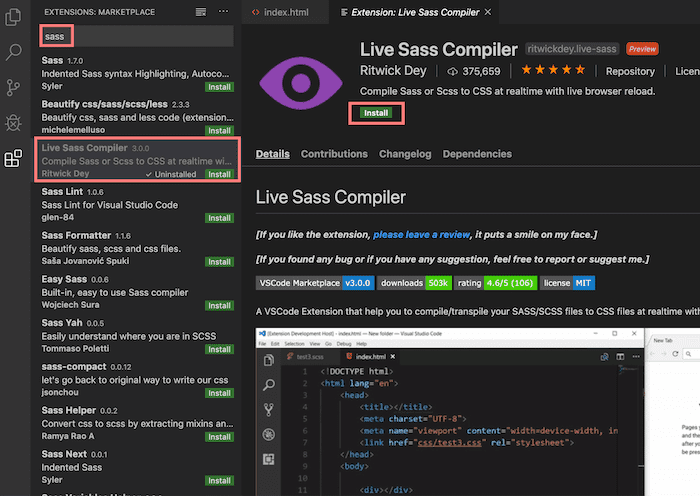 Search for 'Live Sass Compiler' within Visual Studio Code extensions