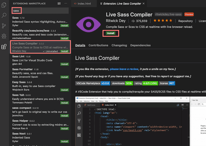 Как установить sass в visual studio code