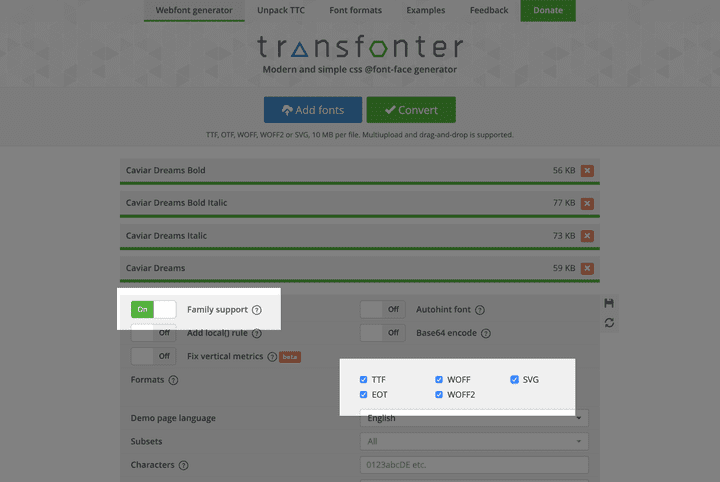Ensure you have selected all of the font formats and left the 'Family support' option to on